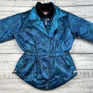 VTG Polaris Mid Length Jacket Sz Medium Blue Satin Insulated Abstract Puffer USA